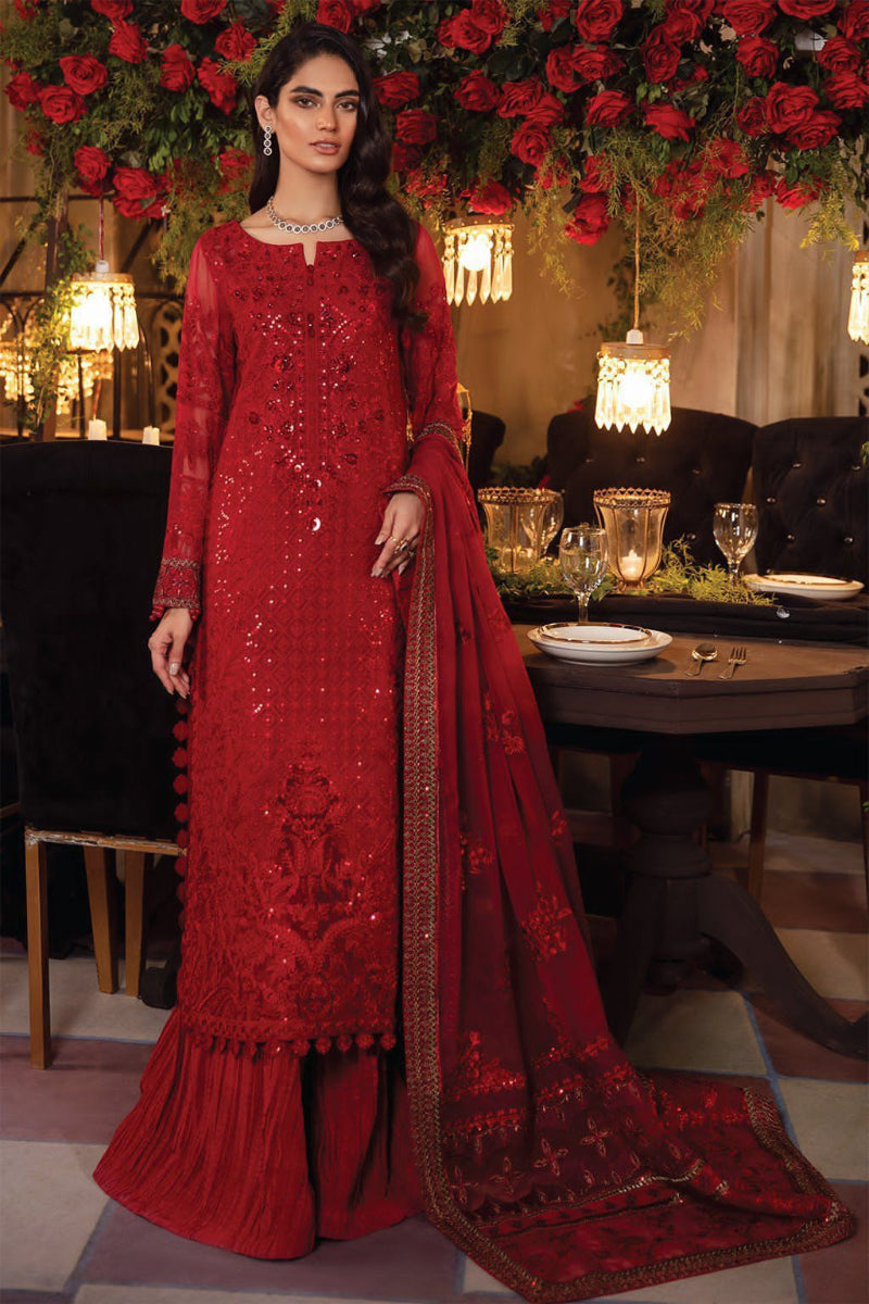 Ruby Red Luxury Chiffon Embroidered  3 piece Suit with Heavy Net Dupatta | Ready-to-Wear