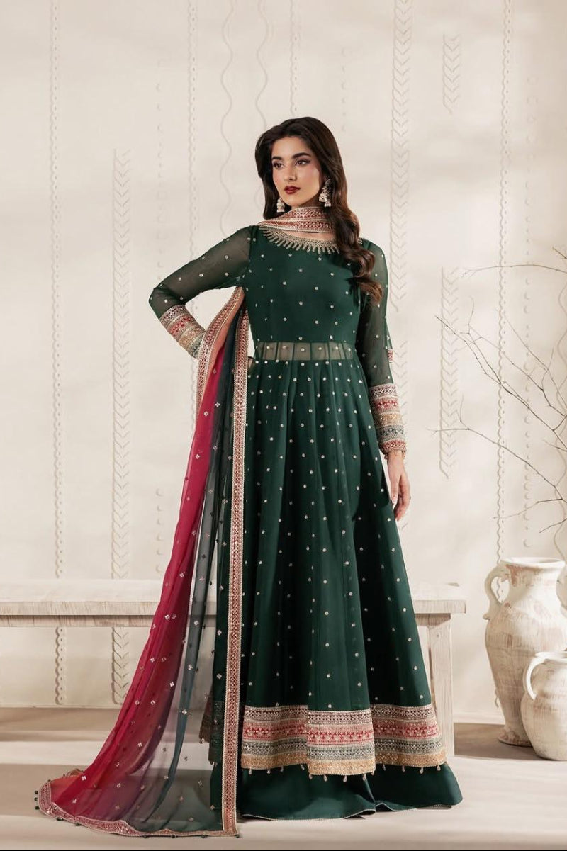 Emerald green Bridal Maxi  Chiffon & Malai with Heavy Zari Embroidery | Ready-to-Wear