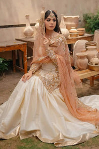 3-Piece Ivory Organza Suit with Peach Net Dupatta & Shamoz Silk Trouser | Ready to Wear