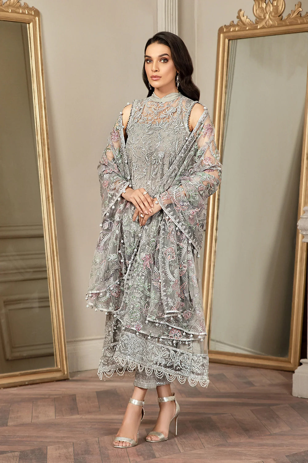 Zarif Luxury Net Collection Heavy Embroidered Spangle Work Suit in Lilac |Ready to Wear