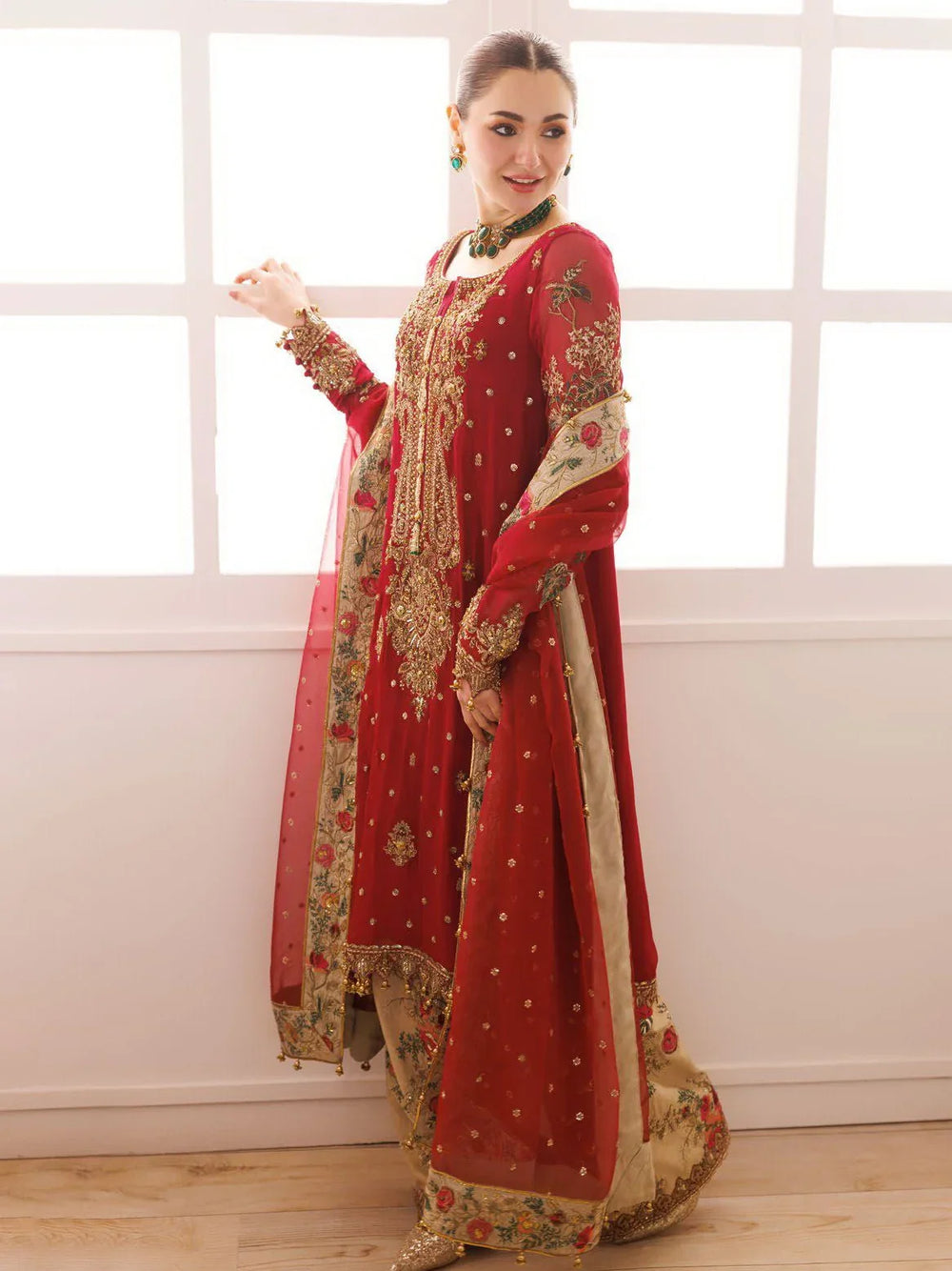 Bridal Red Embroidered Chiffon Suit With Organza Dupatta | Ready To Wear