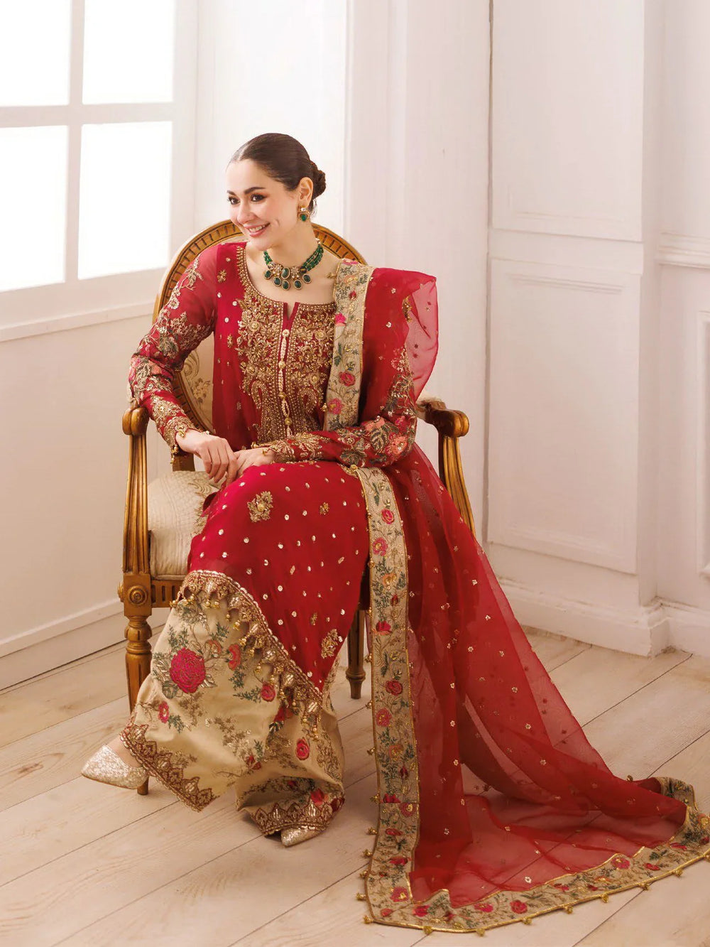 Bridal Red Embroidered Chiffon Suit With Organza Dupatta | Ready To Wear