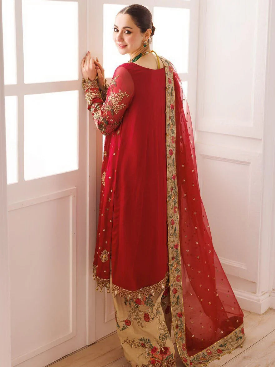 Bridal Red Embroidered Chiffon Suit With Organza Dupatta | Ready To Wear