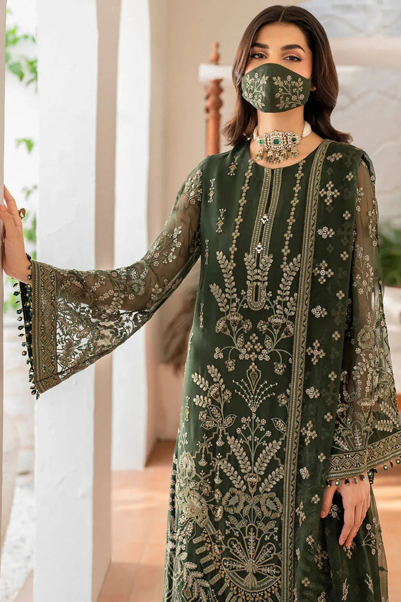 Olive Green FLOSSIE Luxury Chiffon Embroidered 3-Piece Suit | Ready to Wear
