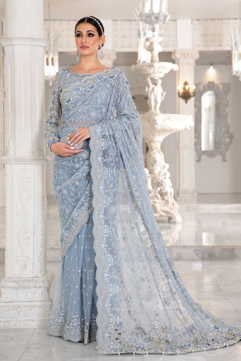 Embroidered Net Saree with 3D Floral Handwork | Ready To Wear