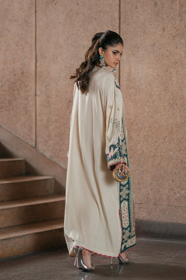 Ivory Oasis: 02-Piece Botanical Embroidered Silk Kaftan | Ready To Wear