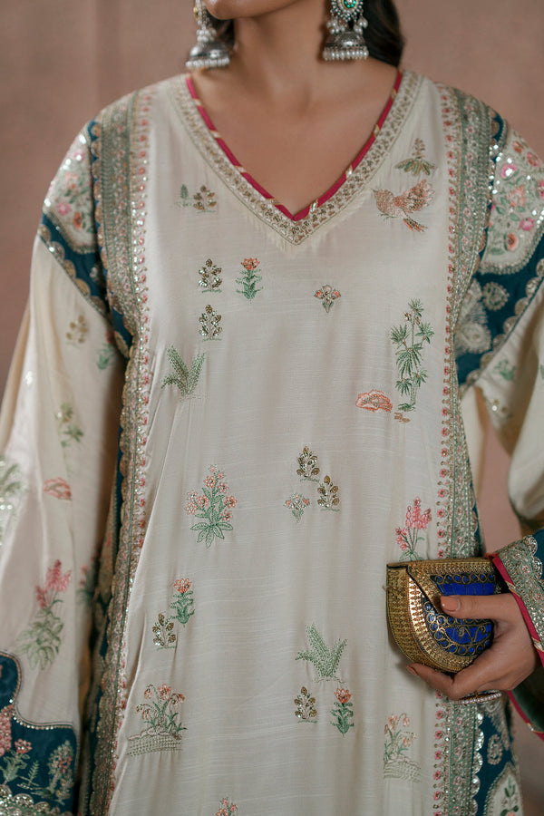 Ivory Oasis: 02-Piece Botanical Embroidered Silk Kaftan | Ready To Wear