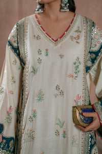 Ivory Oasis: 02-Piece Botanical Embroidered Silk Kaftan | Ready To Wear