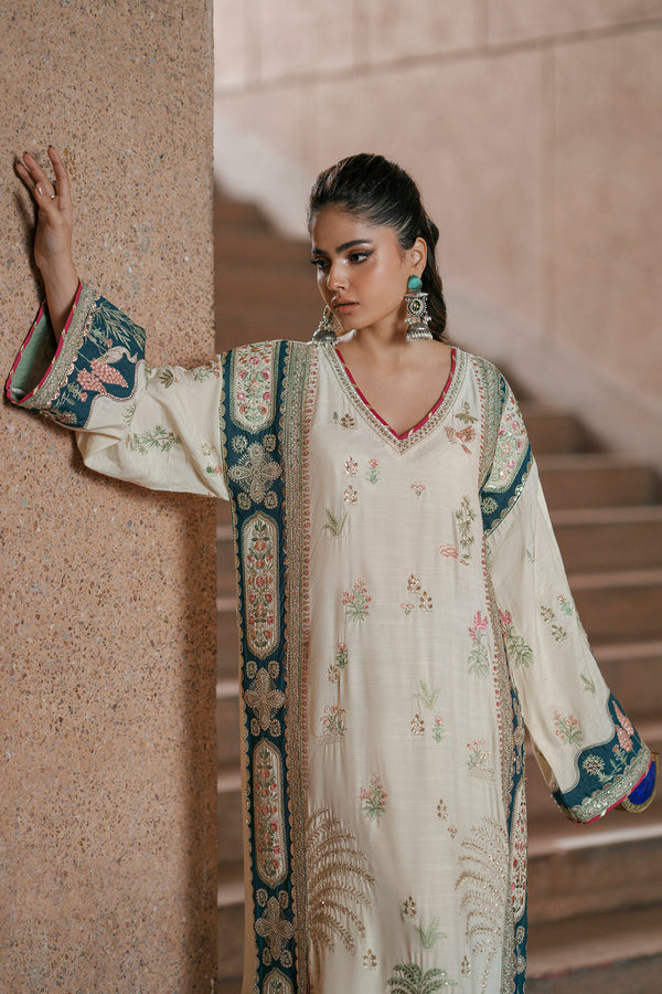 Ivory Oasis: 02-Piece Botanical Embroidered Silk Kaftan | Ready To Wear