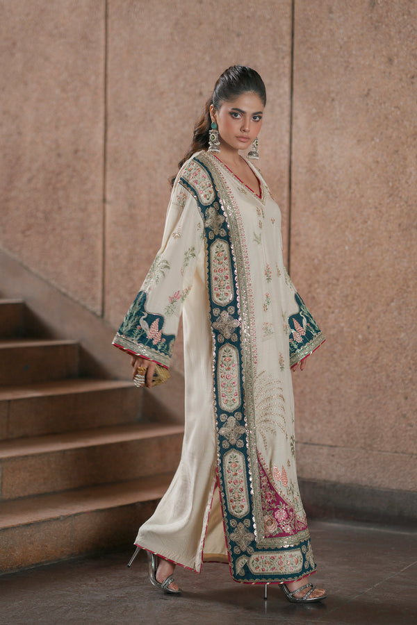 Ivory Oasis: 02-Piece Botanical Embroidered Silk Kaftan | Ready To Wear