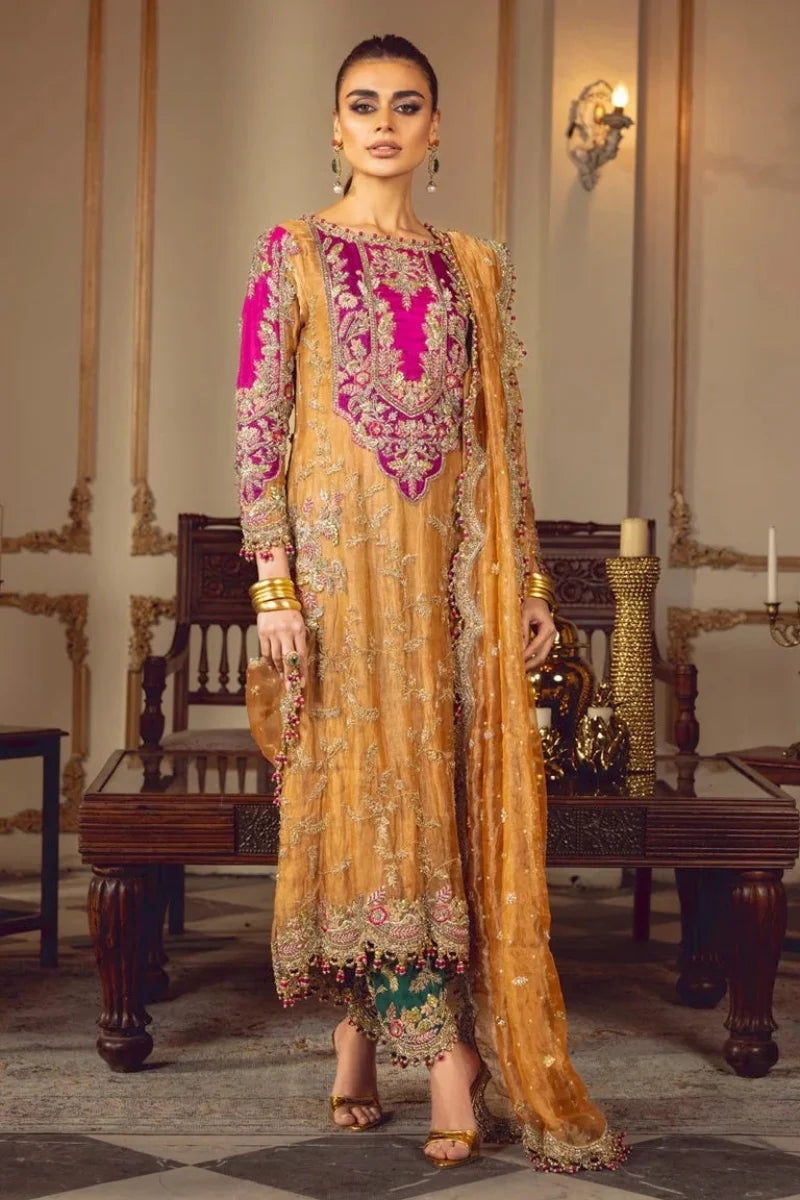 Gold and Magenta Lawa Tissue 3 piece Suit | Ready To Wear