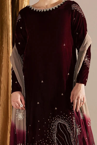 Wine Maroon & Champagne: Embroidered Velvet Suit | Ready To Wear